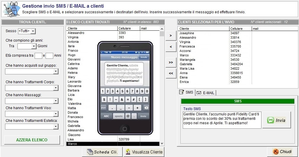 gestione invio sms / email