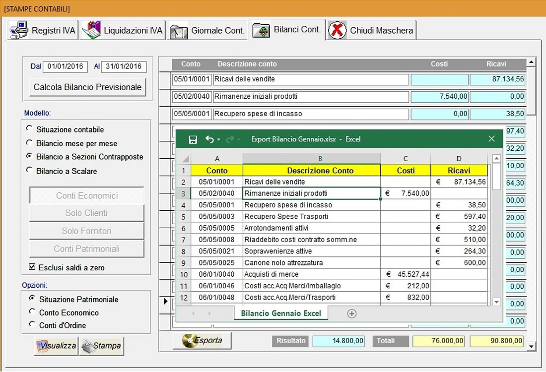 elaborazione extra-gestionali, export in formato Excel