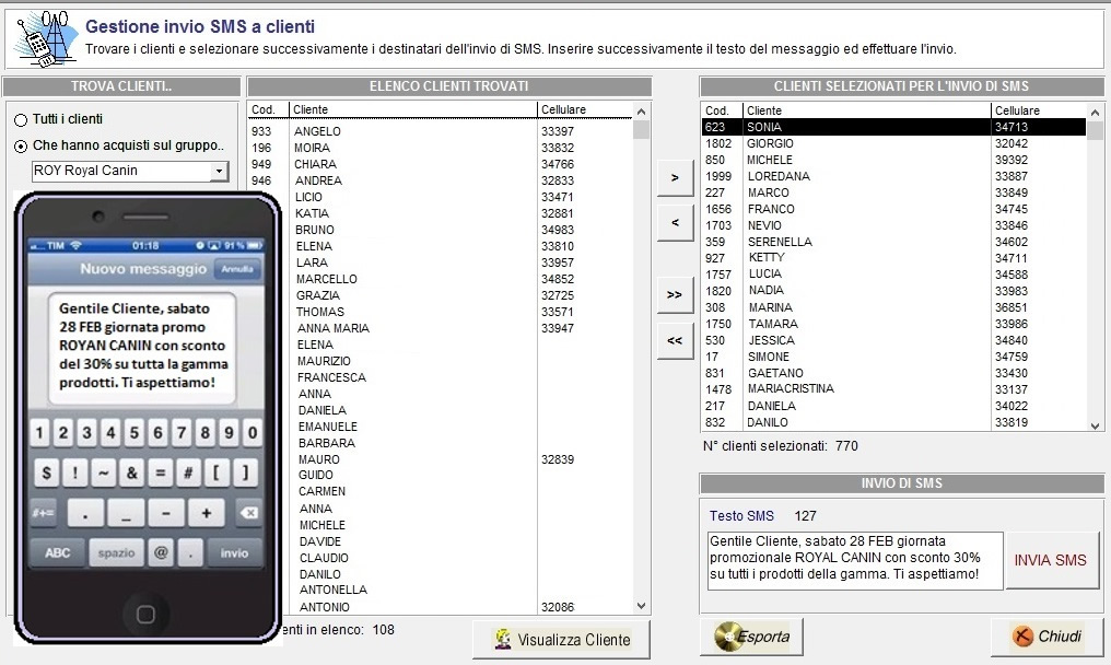 gestione servizio invio sms a clienti
